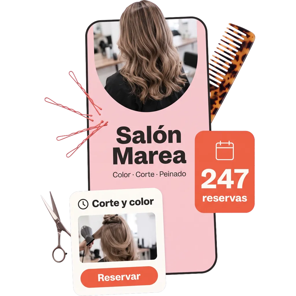 Página de Salón Marea en un móvil, con unas tijeras, un peine y el contador de reservas al lado.